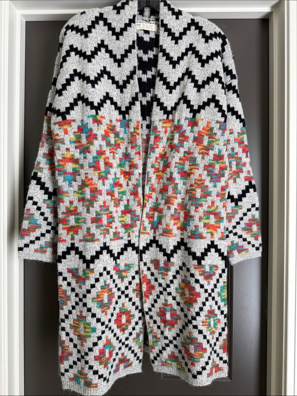 Multicolor Open-Front Geometric Knit Cardigan - Gray & Black
